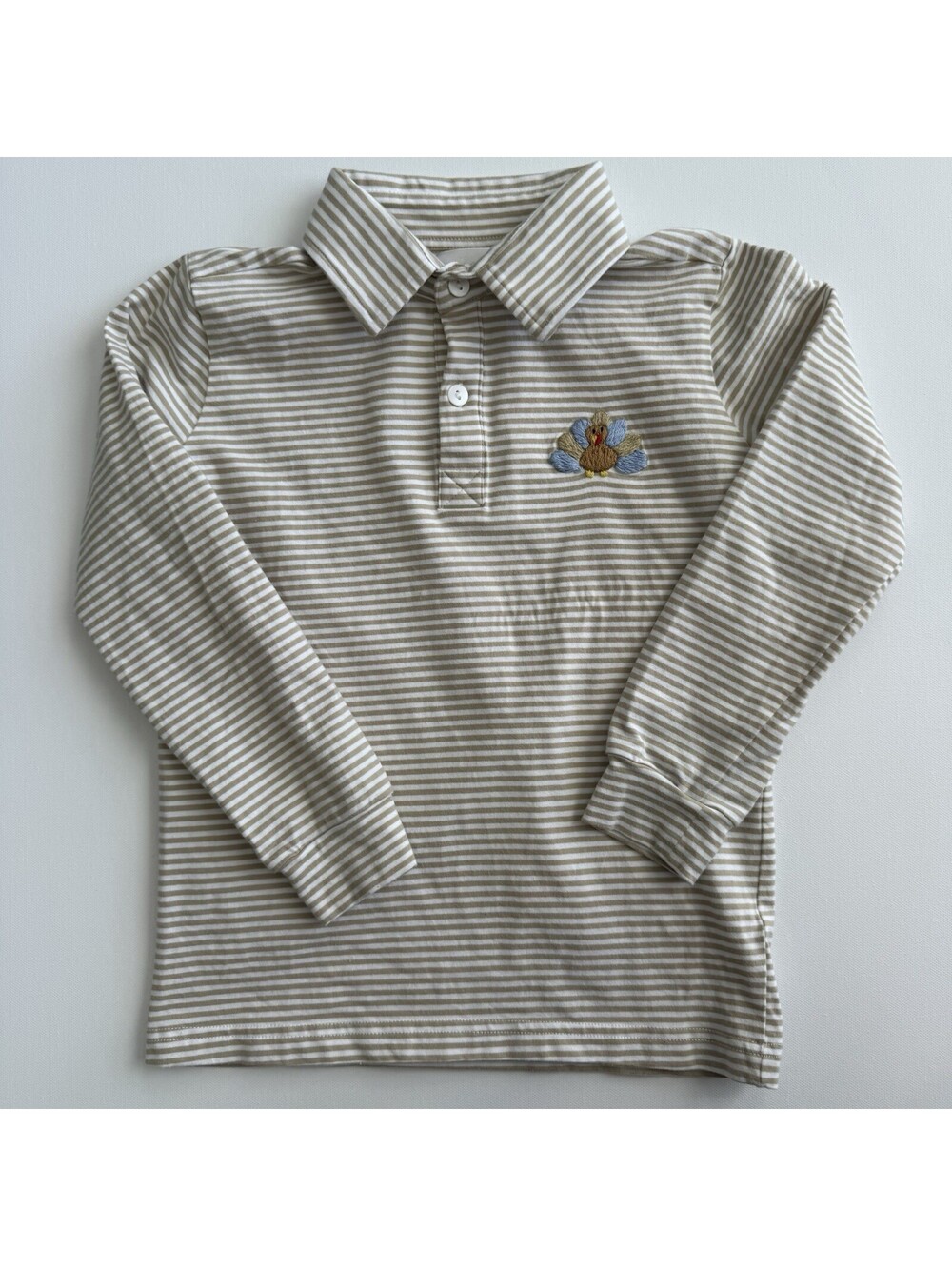 Cecil and Lou Boys Size 6 Turkey Embroidered Striped Long Sleeve Polo Shirt